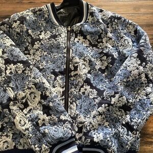 BLANKNYC Women Bomber - Reversible with Blue Floral Print and Black Faux Leather
